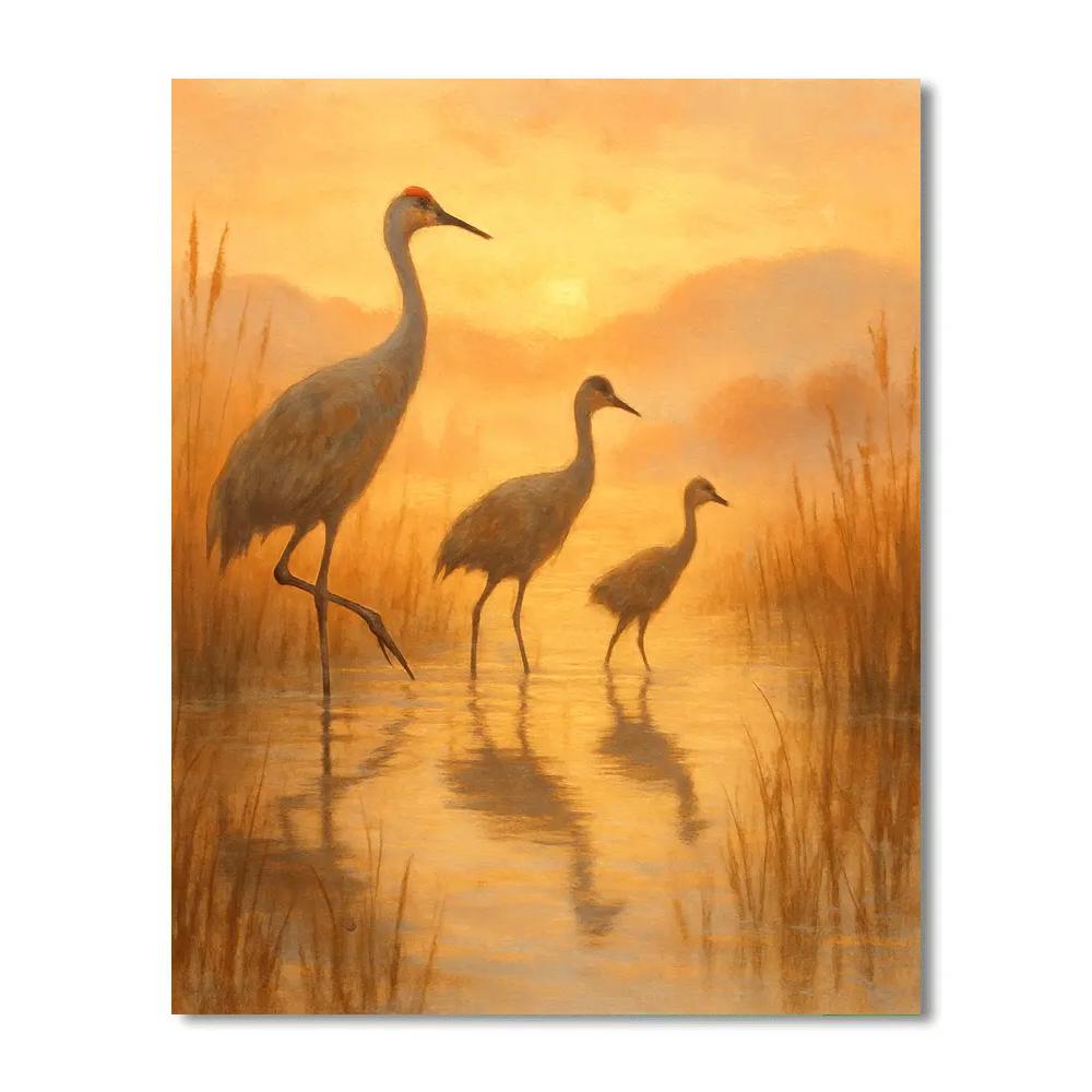 Cranes At Sunrise Over Reed Marsh Painting by numbers kit
