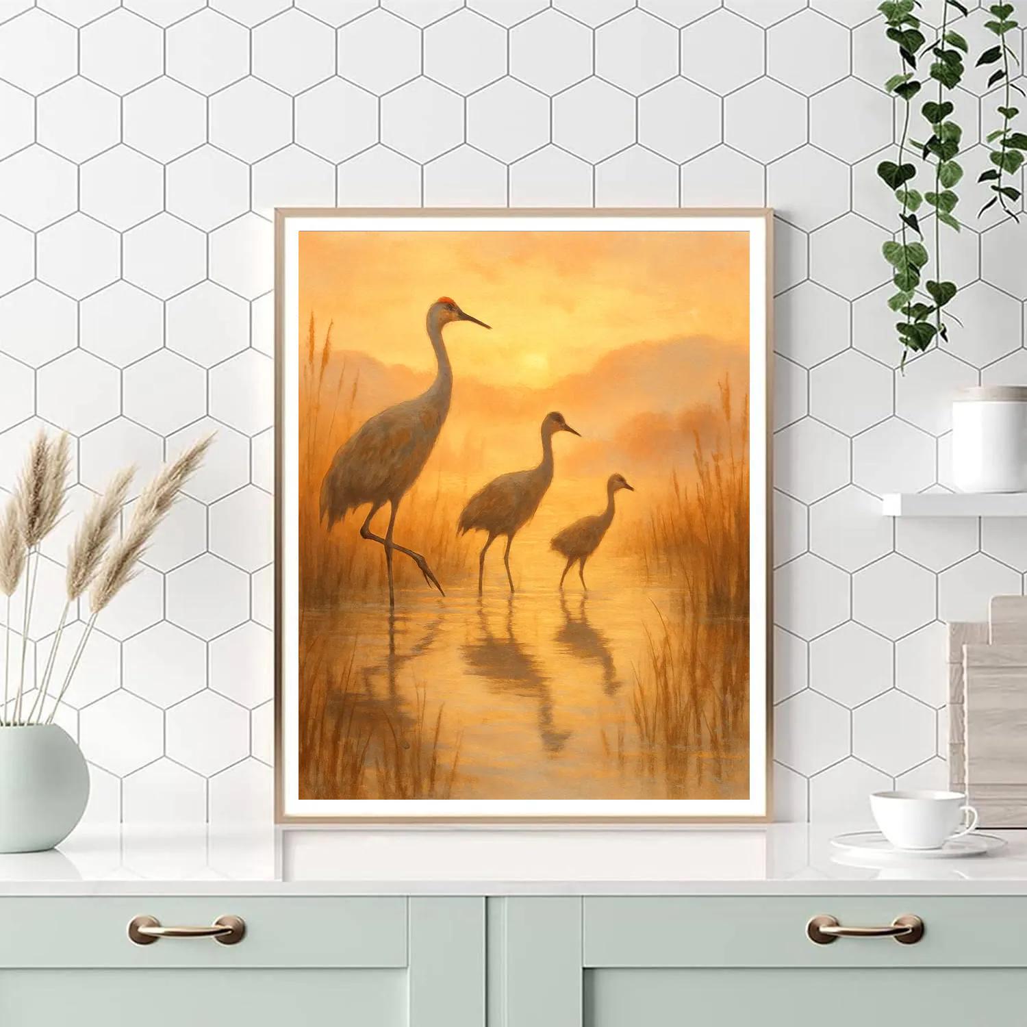Cranes At Sunrise Over Reed Marsh Painting by numbers kit