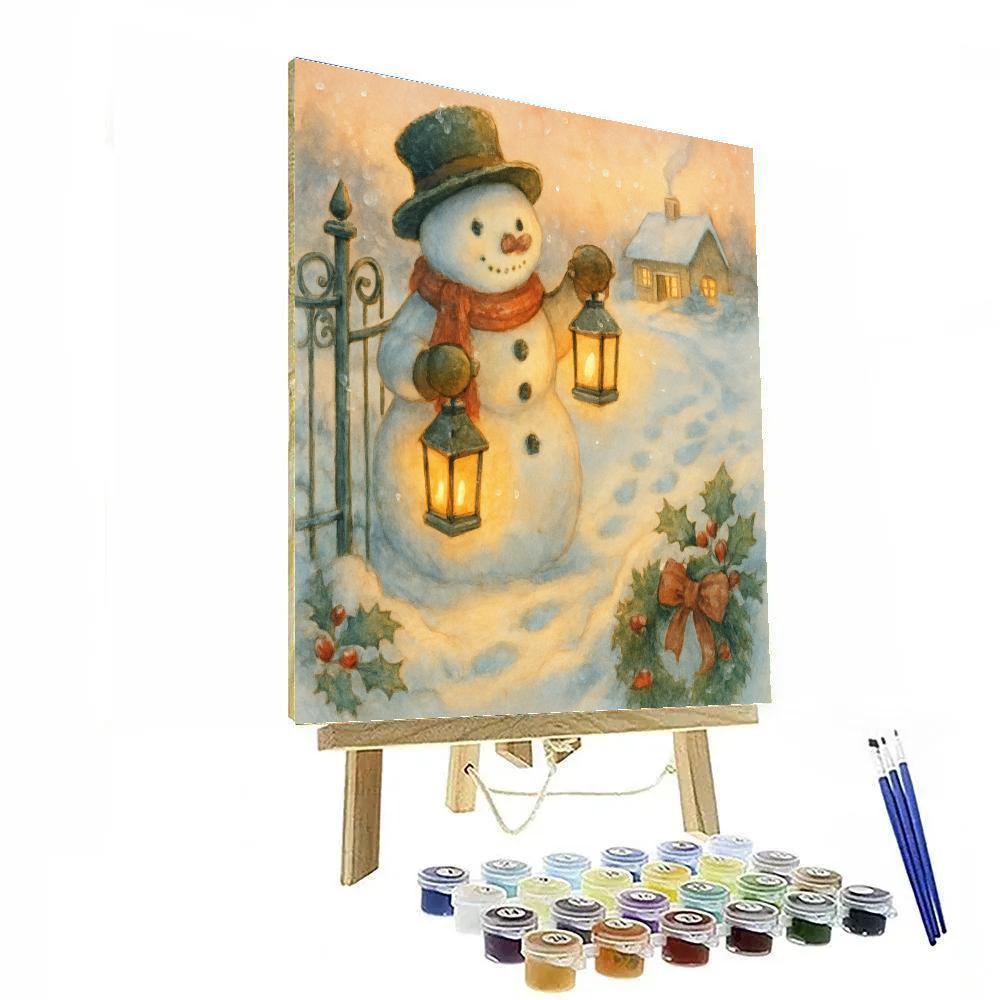 Snowman Lantern Keeper At The Garden Gate Number painting