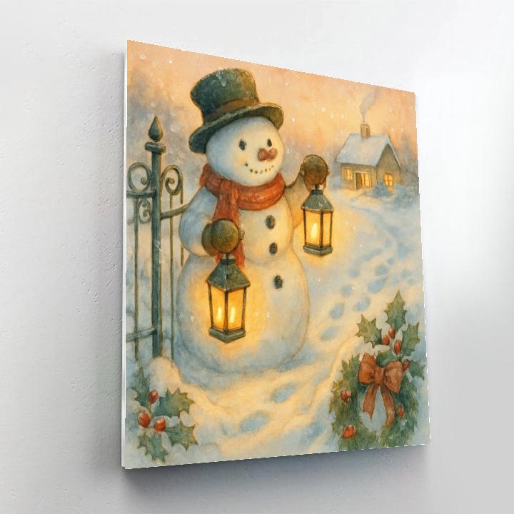 Snowman Lantern Keeper At The Garden Gate Number painting