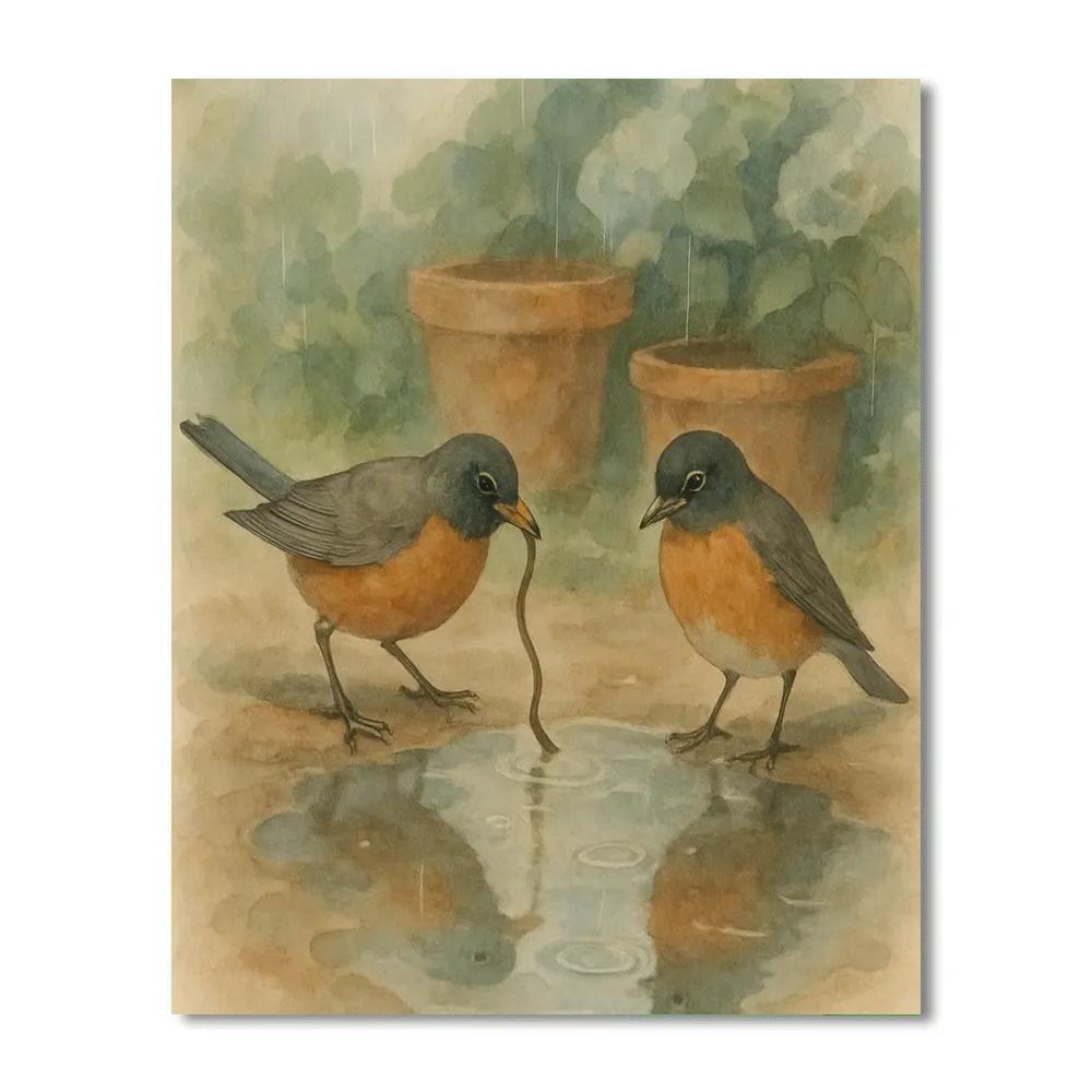 Rain Kissed Garden With Robins And Puddles Paint by numbers kits