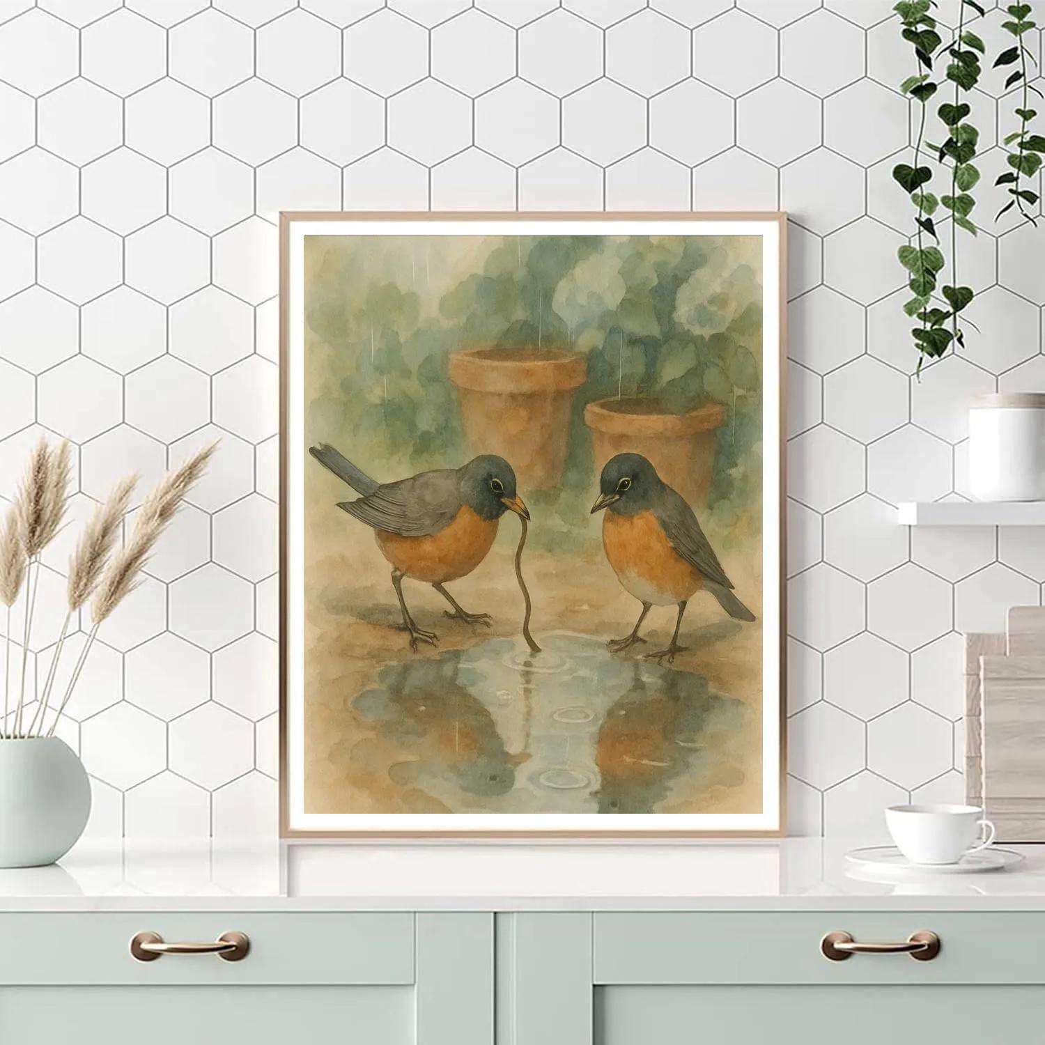 Rain Kissed Garden With Robins And Puddles Paint by numbers kits