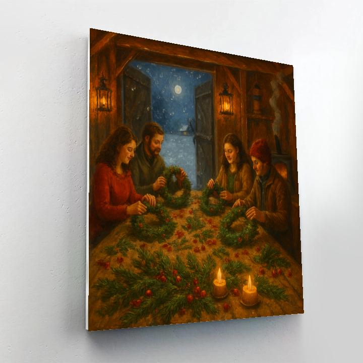 Wreath Makers Workshop In A Snowy Barn Paint by numbers kits