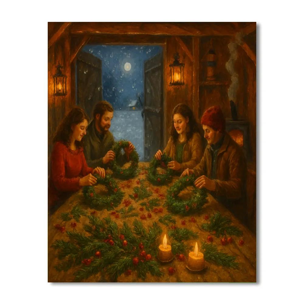 Wreath Makers Workshop In A Snowy Barn Paint by numbers kits