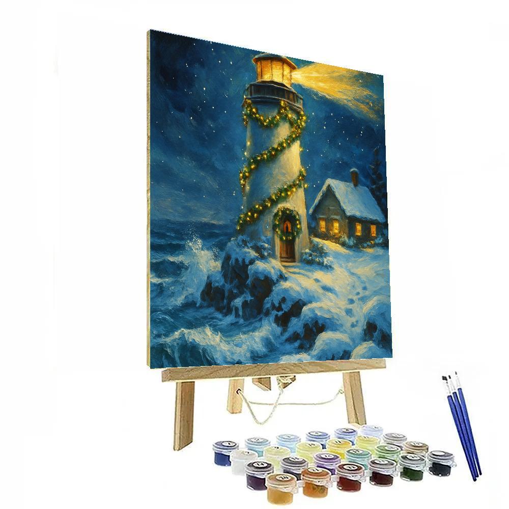 Snowy Lighthouse With Garland Glow paint by number