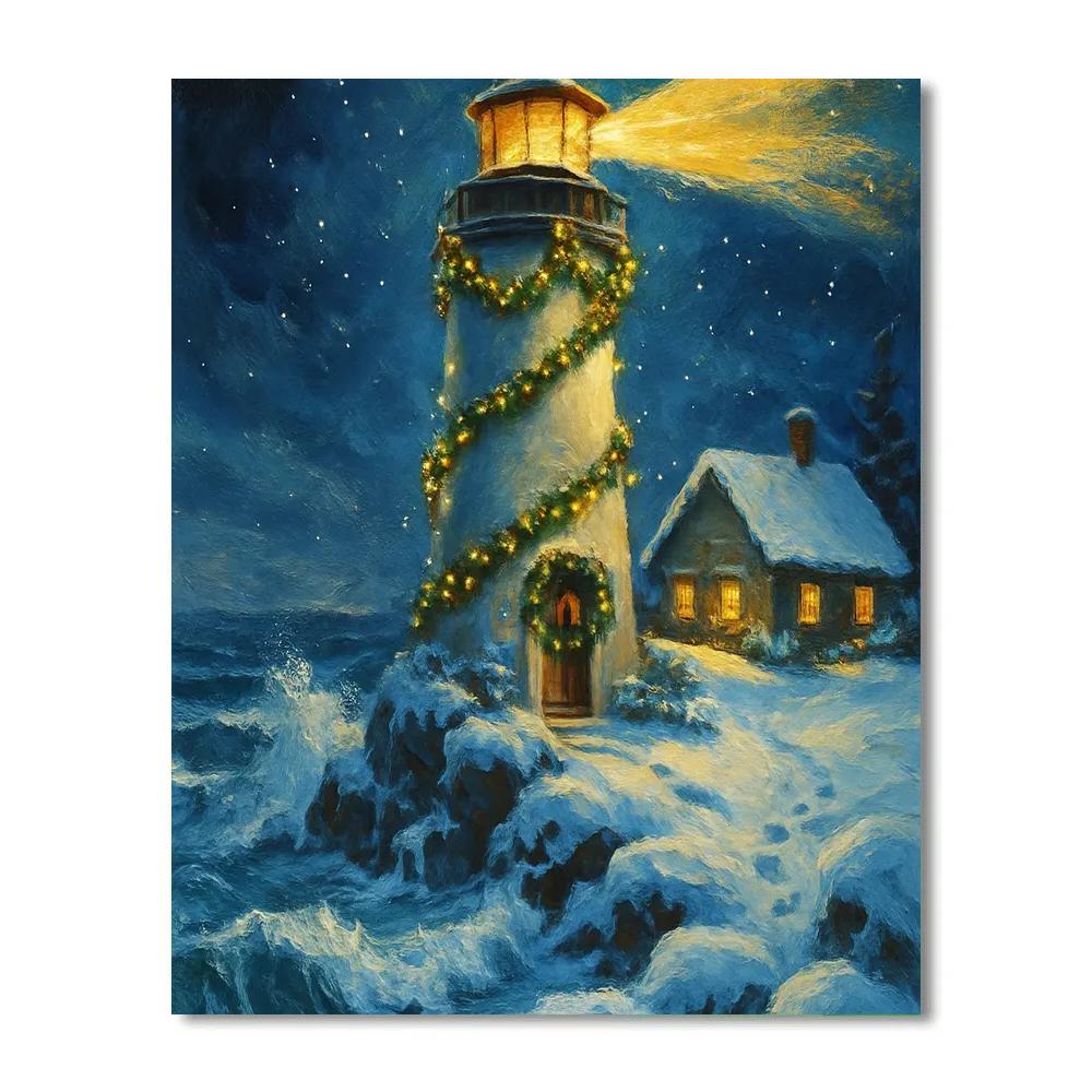 Snowy Lighthouse With Garland Glow paint by number