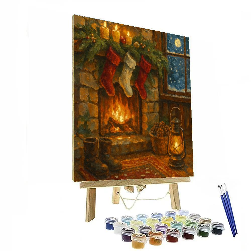 Fireside Stocking Corner In A Mountain Lodge Paint by numbers art