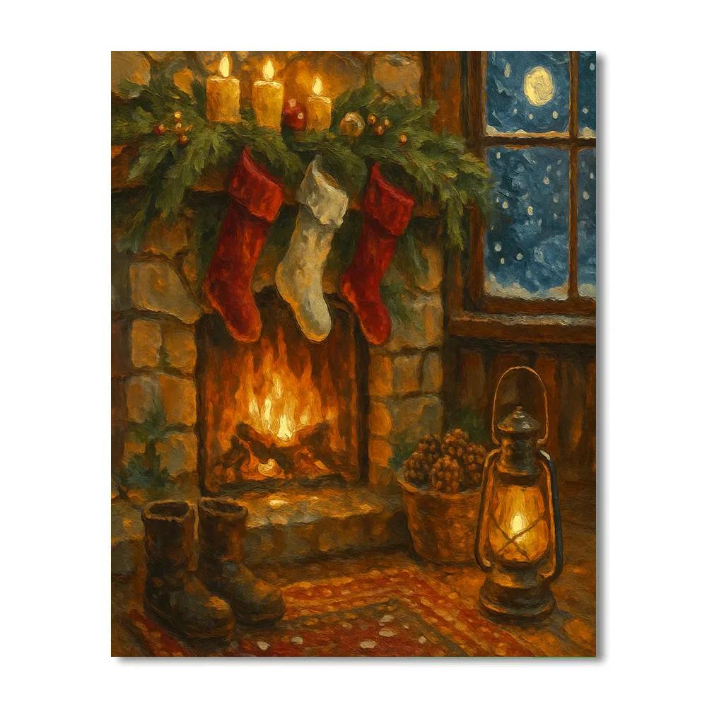 Fireside Stocking Corner In A Mountain Lodge Paint by numbers art