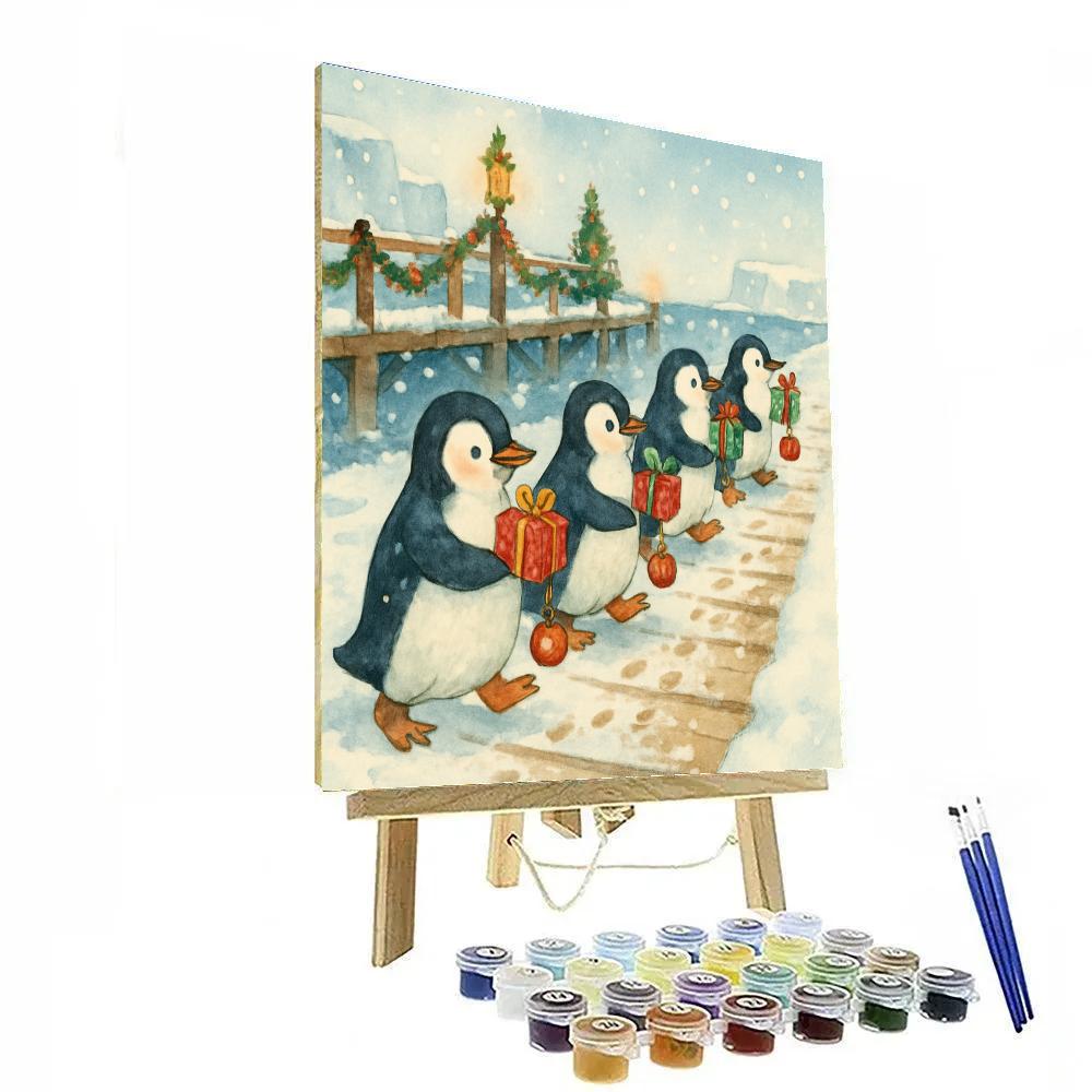 Penguin Gift Parade On The Polar Boardwalk Paint by numbers art