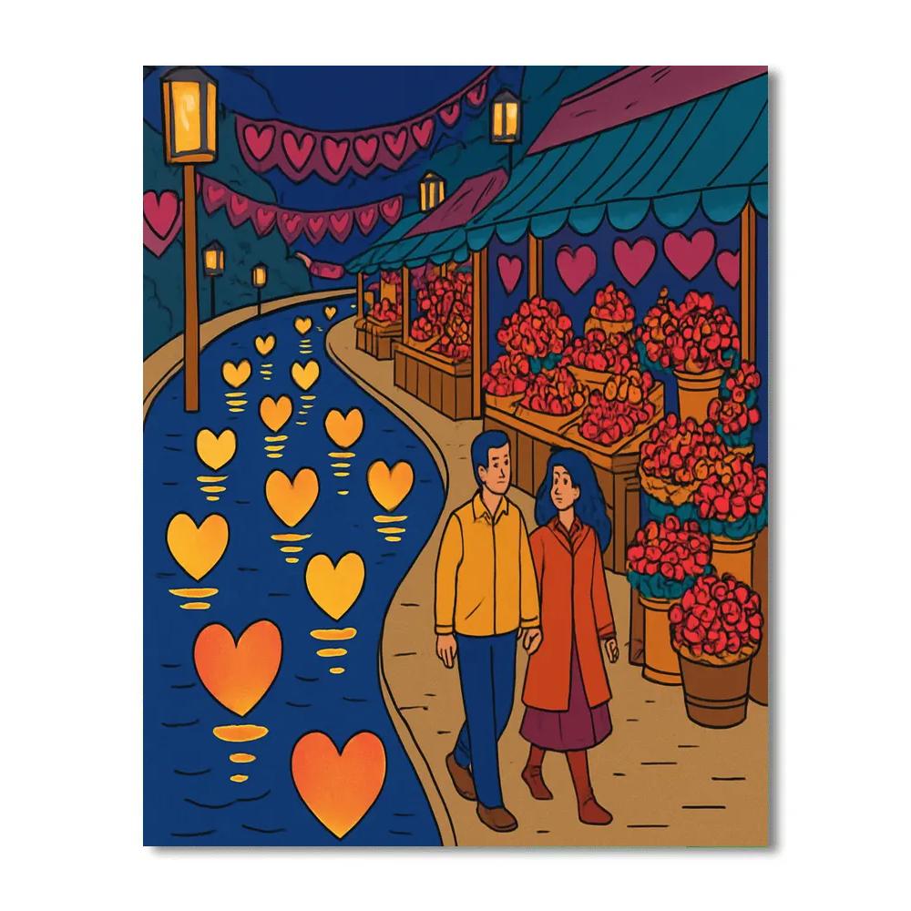 Night Market Lantern River Valentines Day Walk paint by number