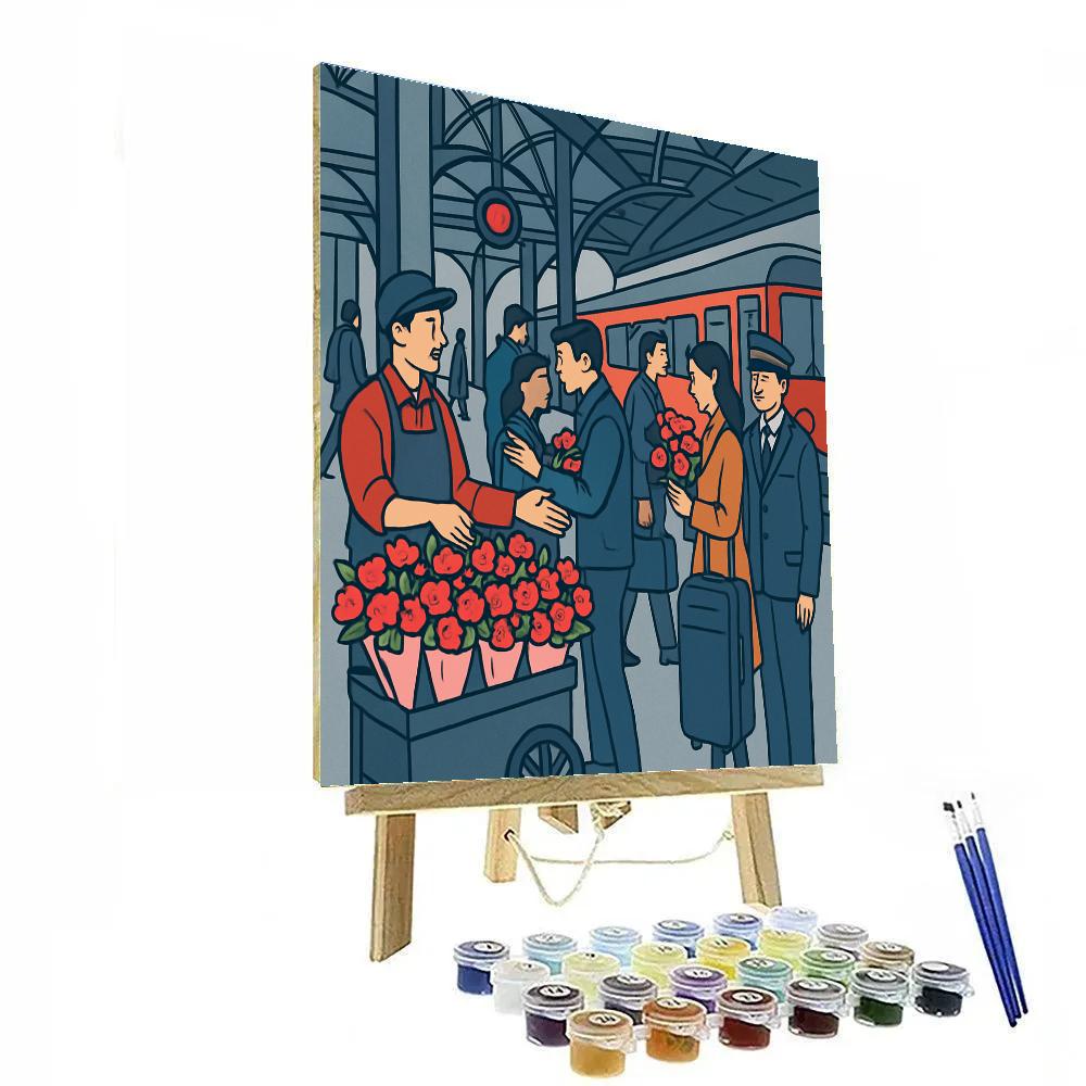 Valentines Day Train Station Flower Cart Farewell paint by number