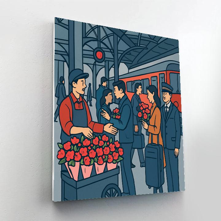 Valentines Day Train Station Flower Cart Farewell paint by number