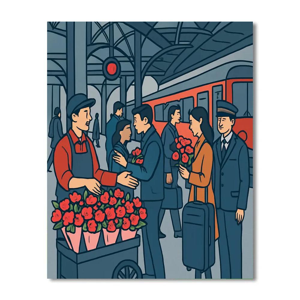 Valentines Day Train Station Flower Cart Farewell paint by number