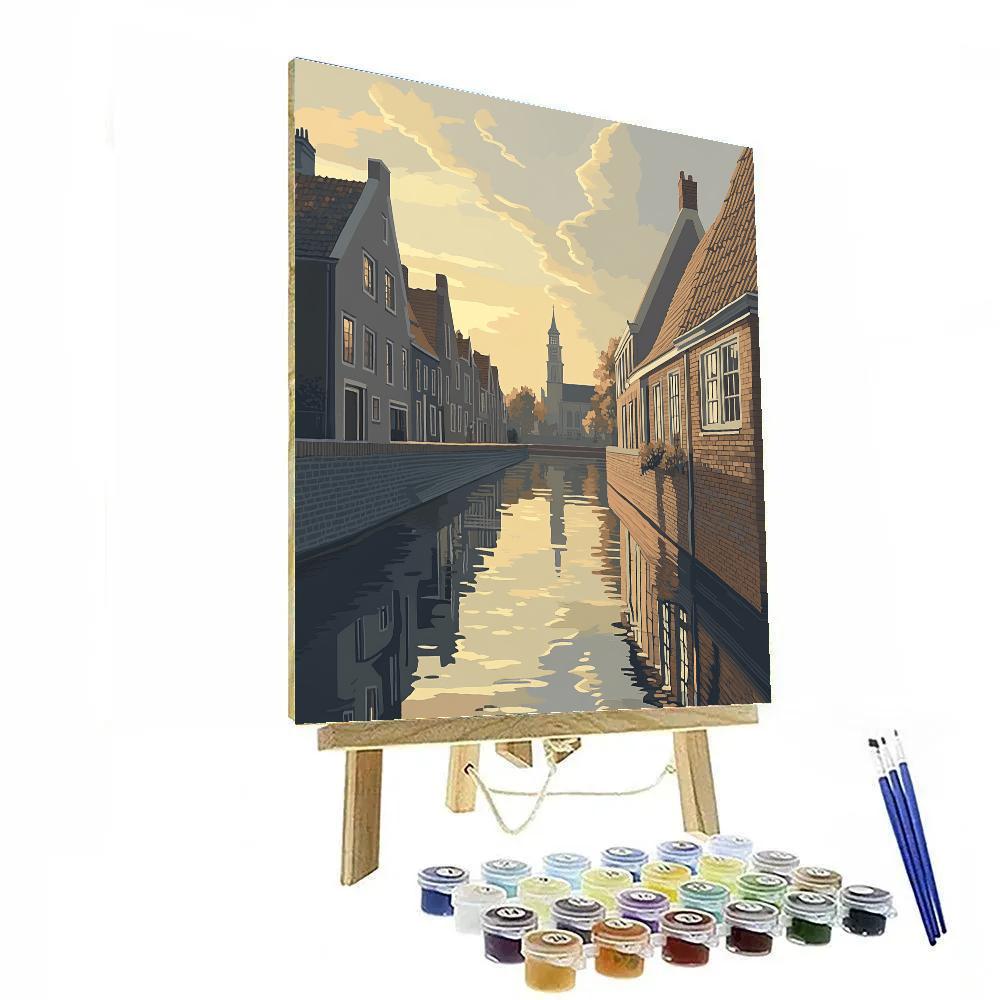 Johannes Vermeer Inspired Golden Calm On Delft Canal Water Number painting