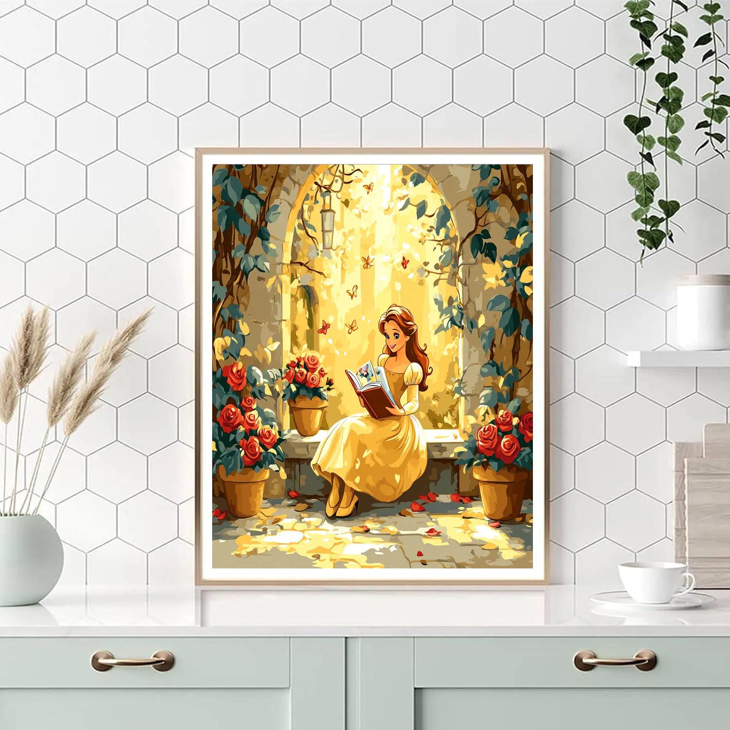 Belle Sunlit Castle Courtyard Reading Disney Inspired painting number kit