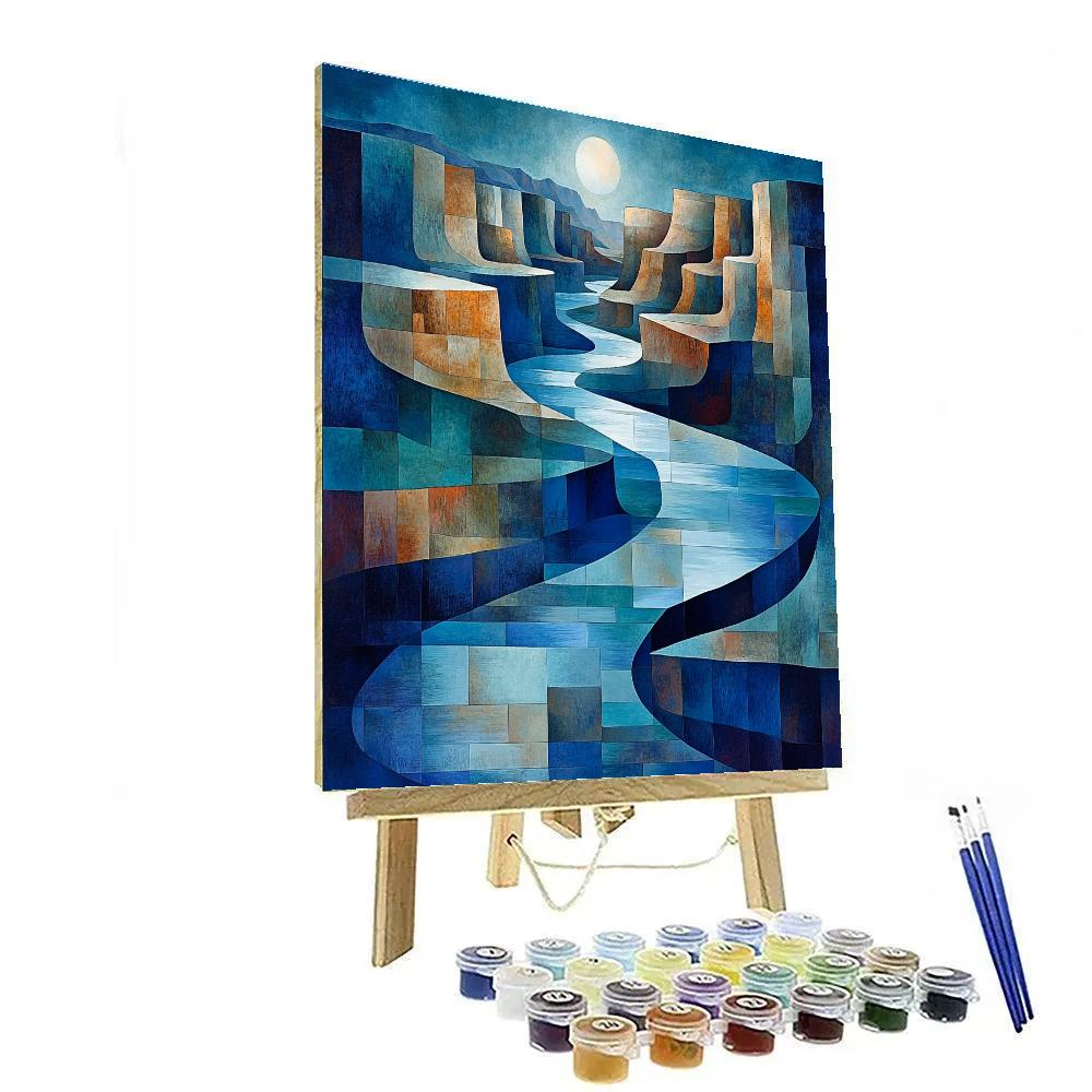 Pablo Picasso Inspired Geometric River Canyon At Moonlit Indigo Paint by numbers kits