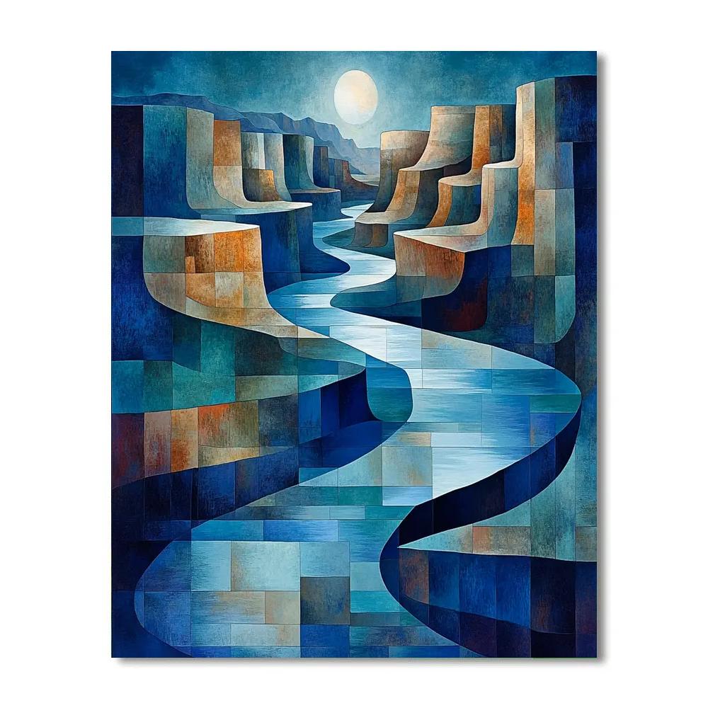 Pablo Picasso Inspired Geometric River Canyon At Moonlit Indigo Paint by numbers kits