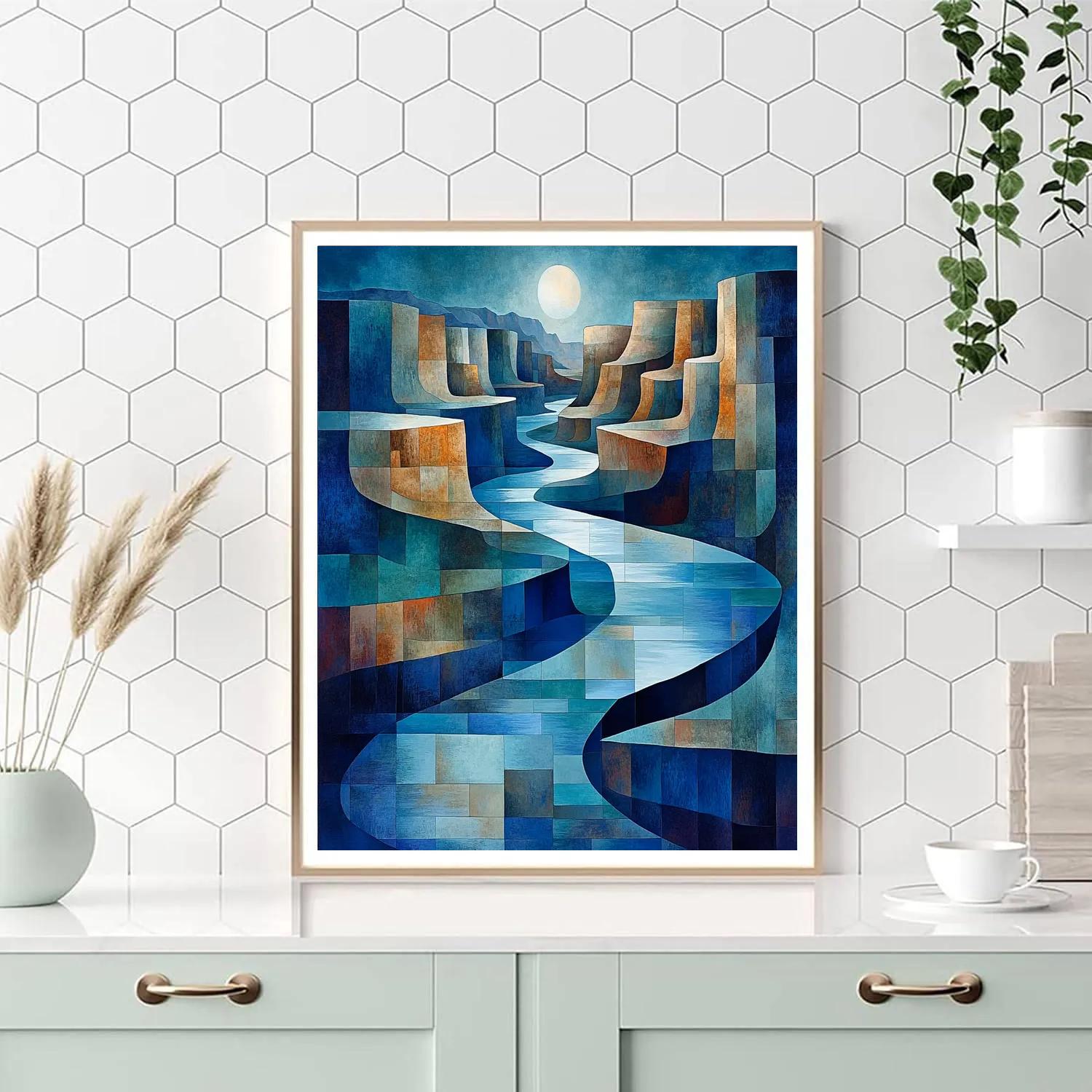 Pablo Picasso Inspired Geometric River Canyon At Moonlit Indigo Paint by numbers kits