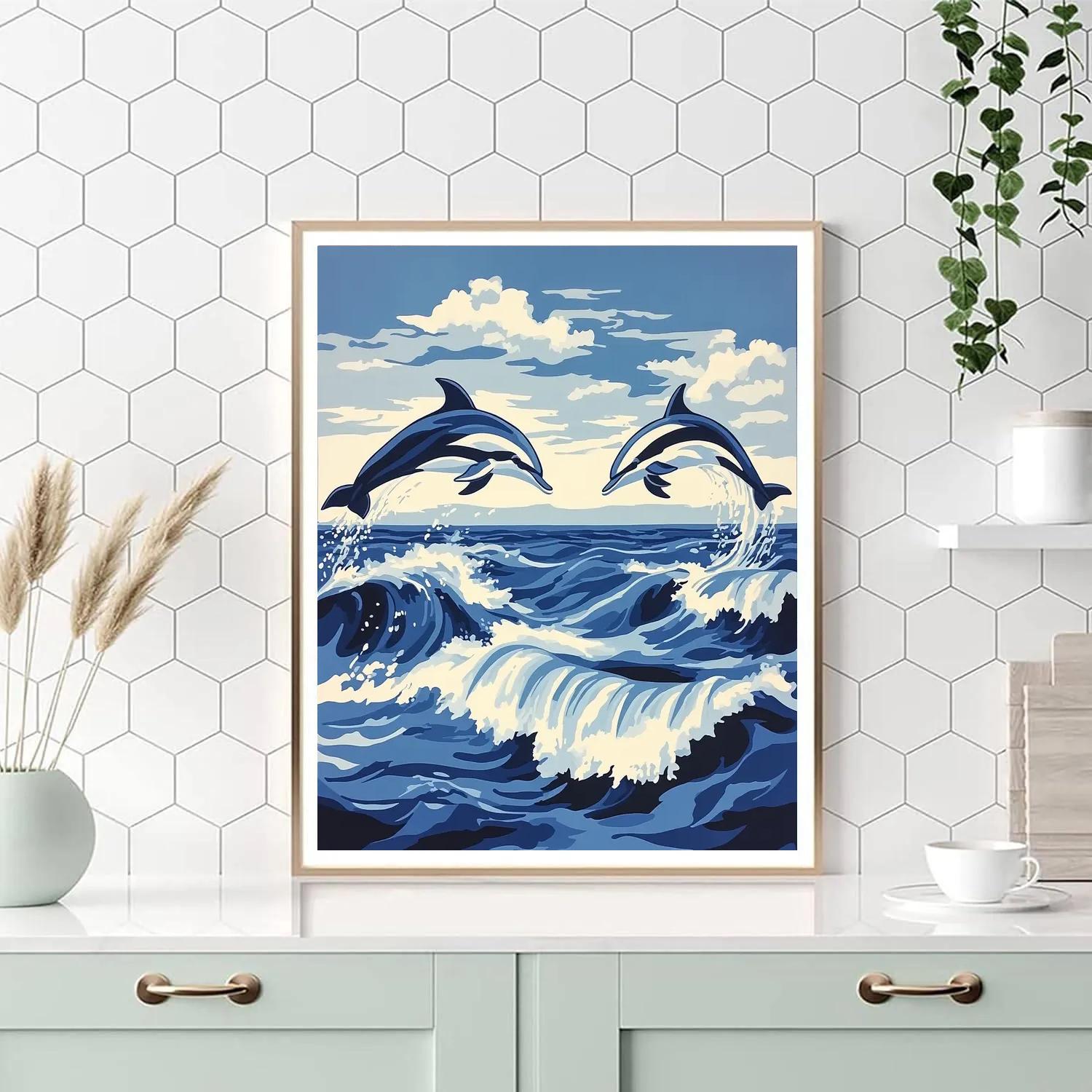 Katsushika Hokusai Inspired Ocean Wind And Dolphins Painting by numbers kit