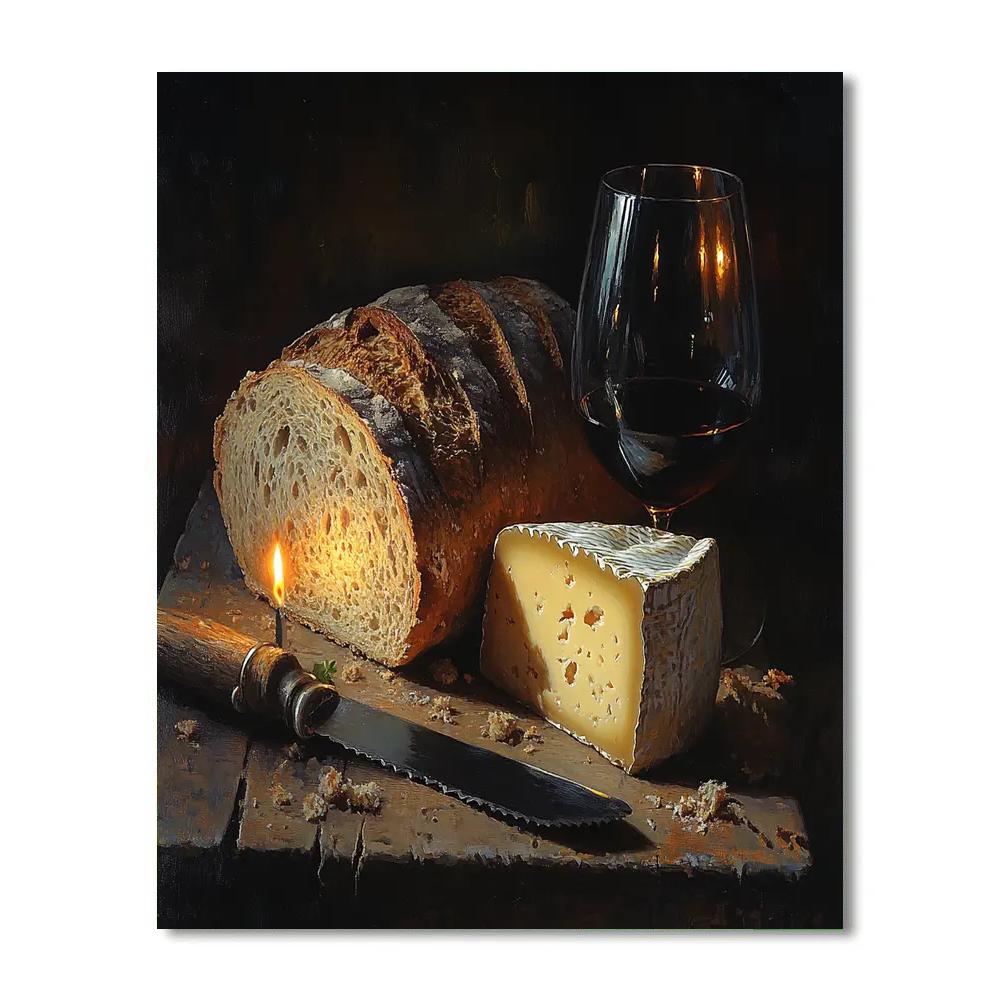 Rembrandt Inspired Candlelit Still Life With Bread And Cheese Paint by numbers art