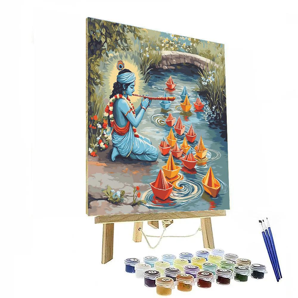 Krishna Playing Flute For Floating Paper Boats paint by color