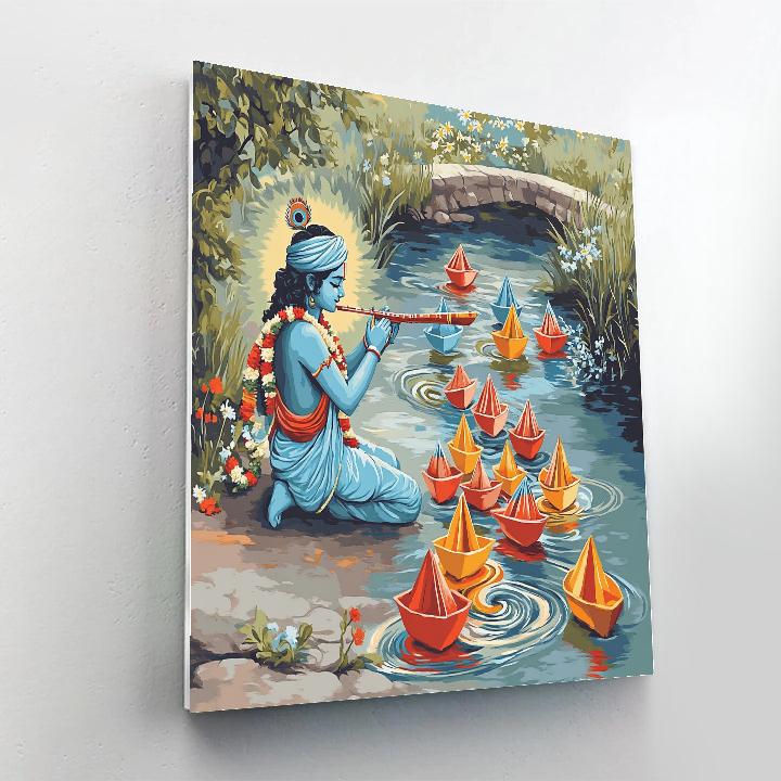 Krishna Playing Flute For Floating Paper Boats paint by color