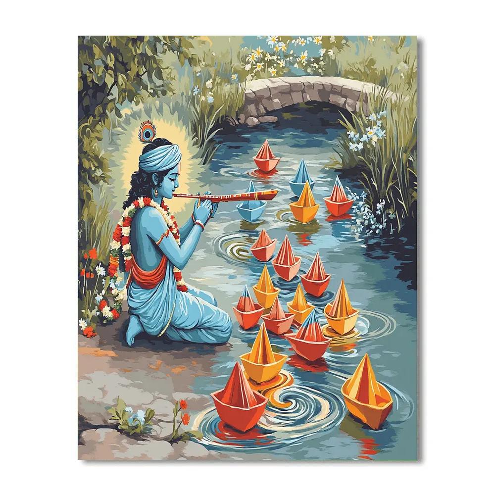 Krishna Playing Flute For Floating Paper Boats paint by color