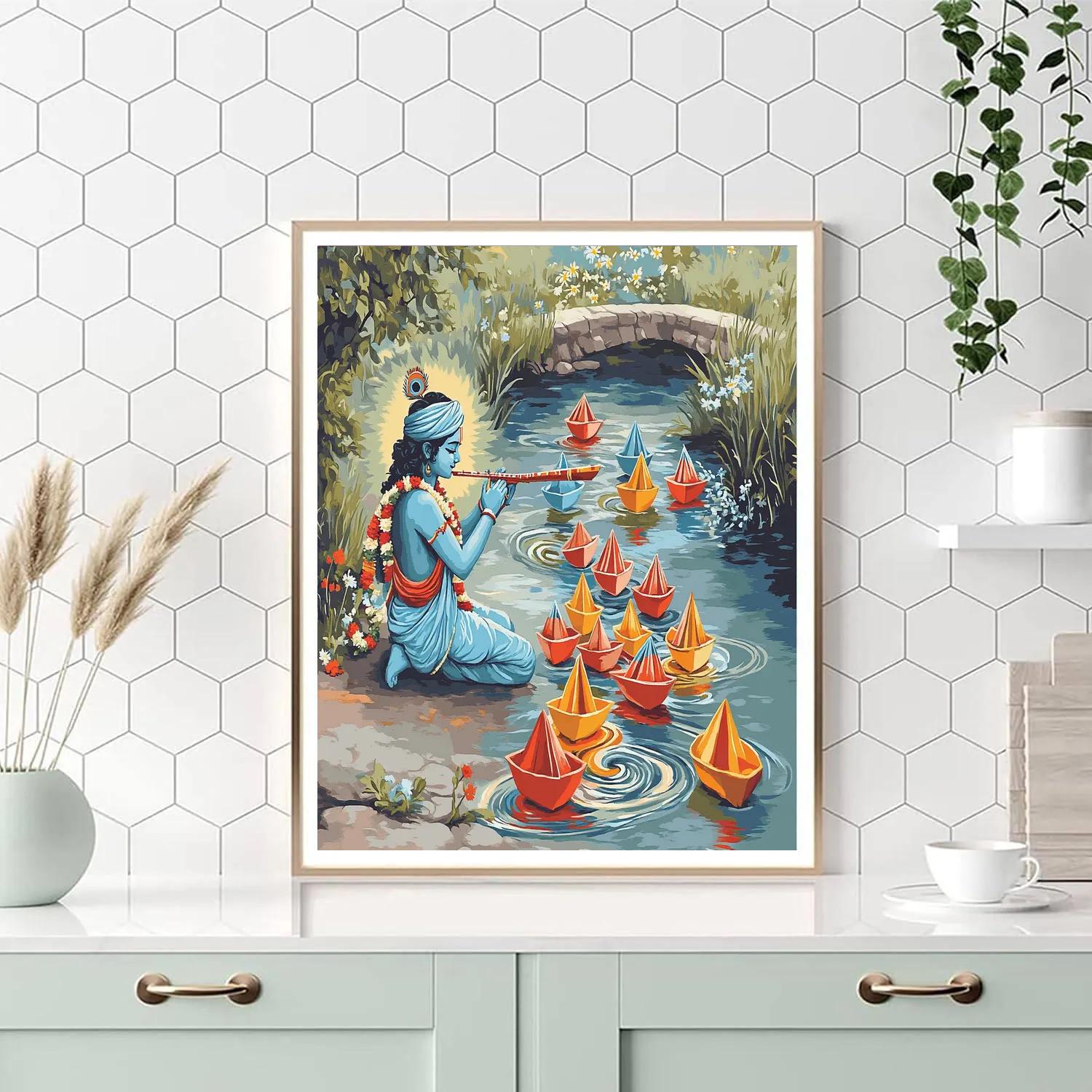 Krishna Playing Flute For Floating Paper Boats paint by color