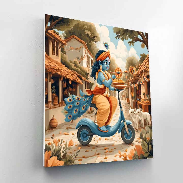 Krishna Delivering Laddus On A Wind Scooter Paint by numbers art