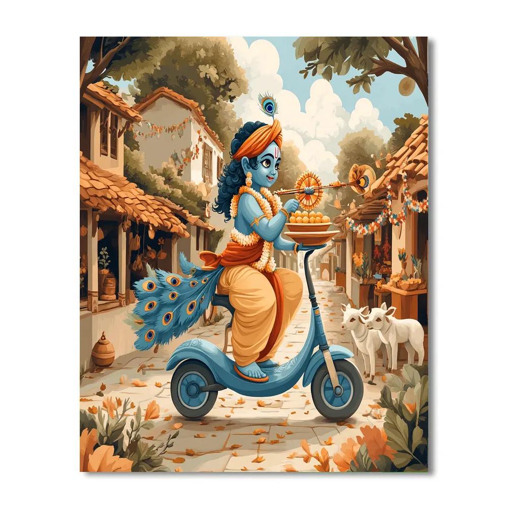 Krishna Delivering Laddus On A Wind Scooter Paint by numbers art