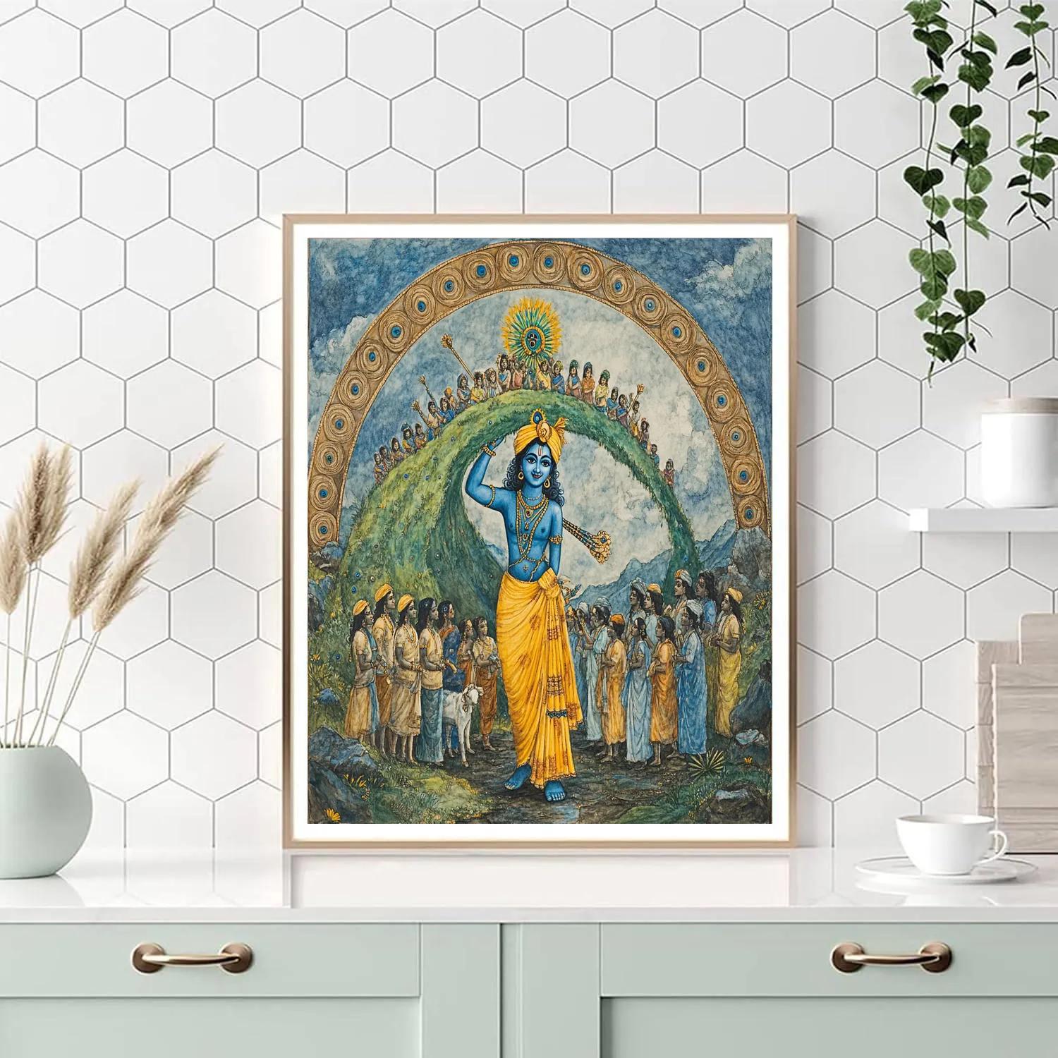 Krishna Lifting Govardhana As A Shelter Dome Number painting