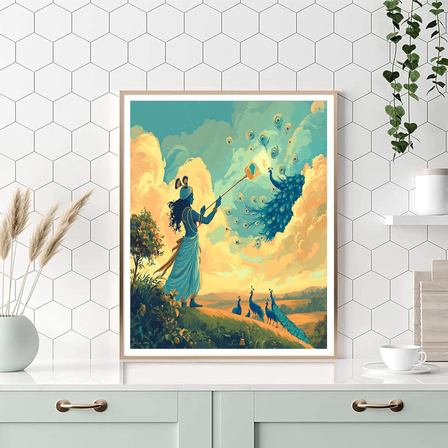 Krishna Painting Peacocks On The Sky Canvas DIY paint by numbers