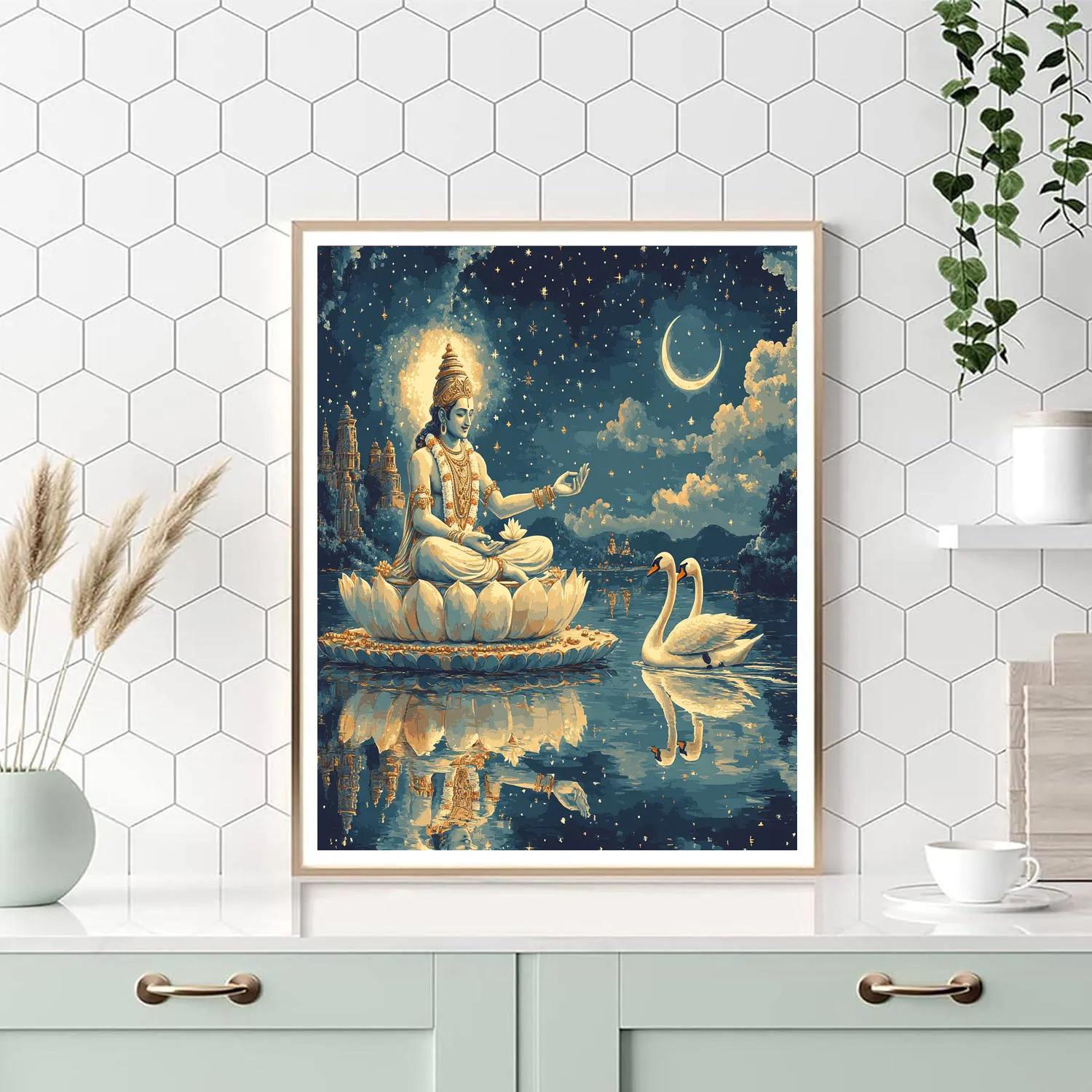 Brahma With Swans On Celestial Lake paint by number