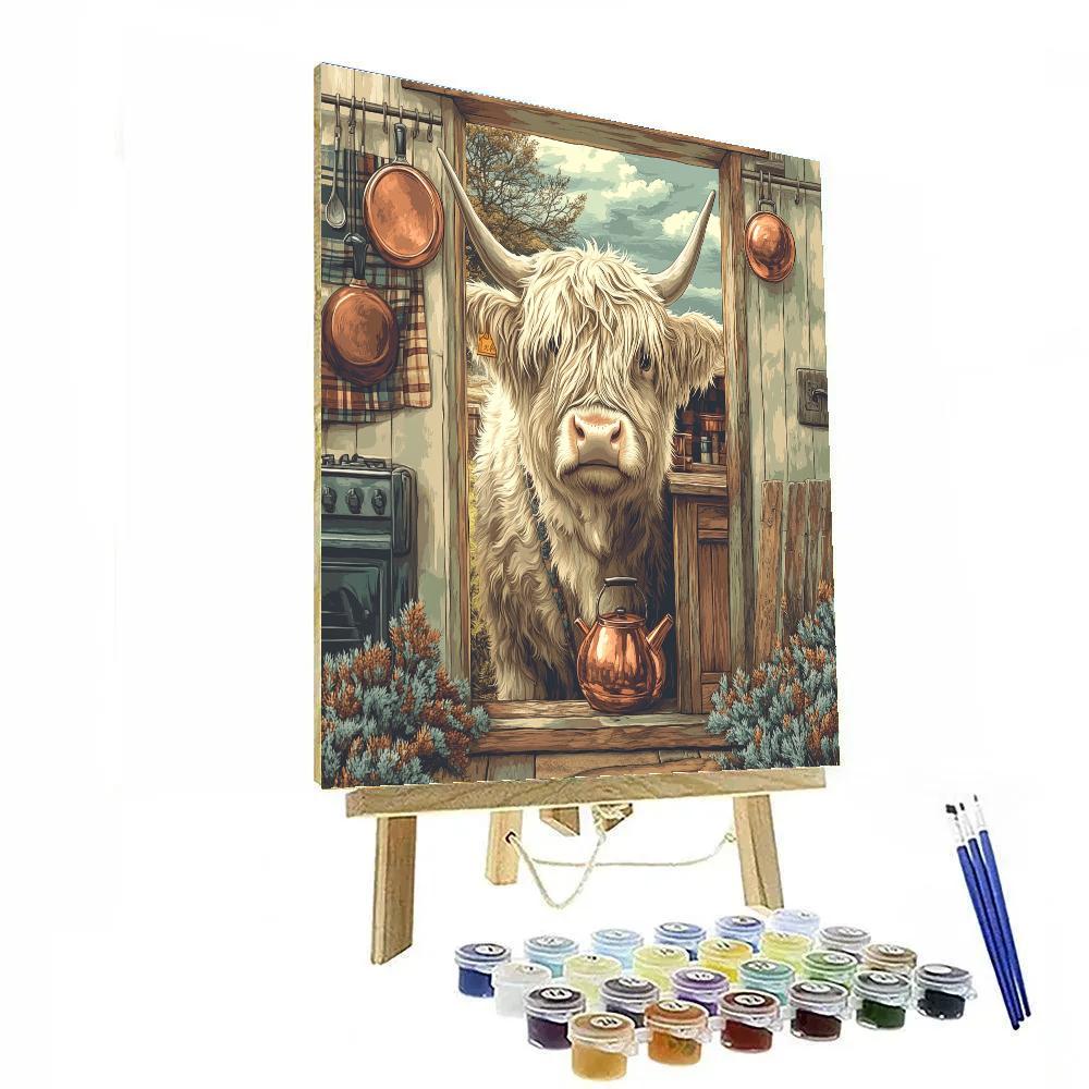 Crofthouse Kitchen With Highland Cow Visitor Numbered painting kits