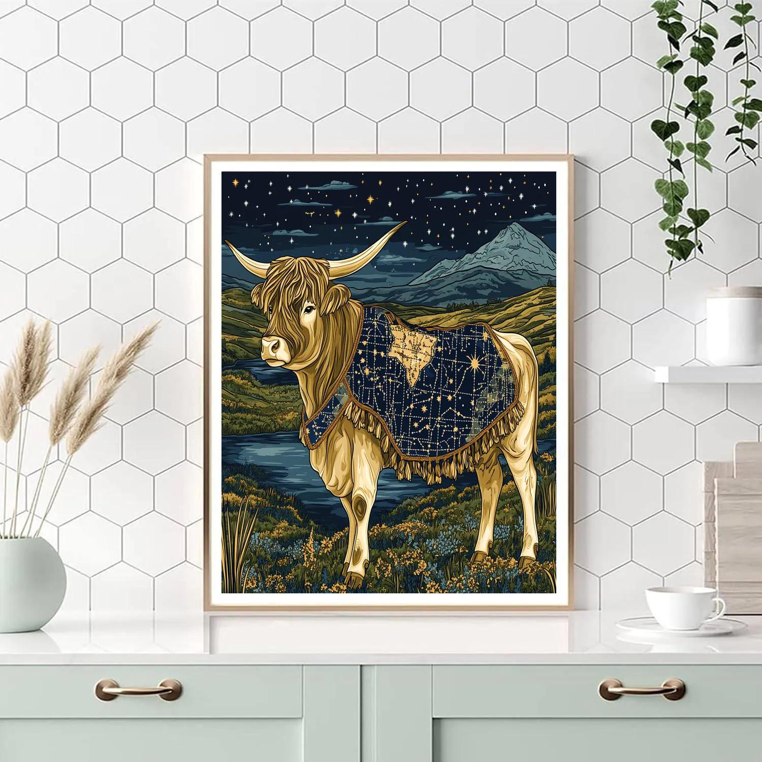 Highland Cow With Star Map Saddle Blanket Paint by numbers art