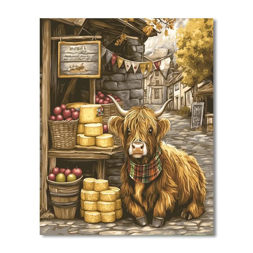 Market Day Highland Cow Cheese Stall Paint by numbers art