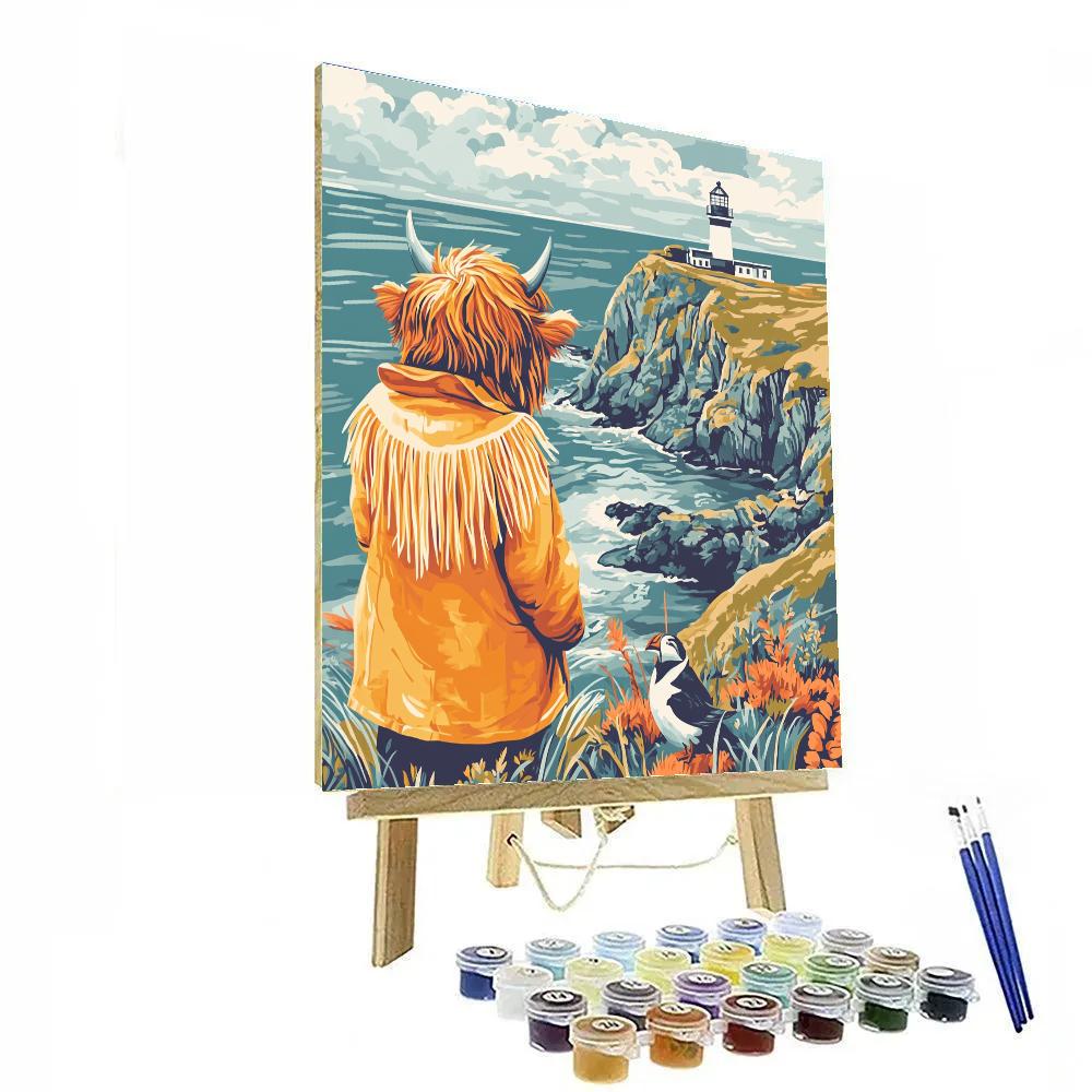 Highland Cow Raincoat By The Sea Cliffs Paint by numbers art