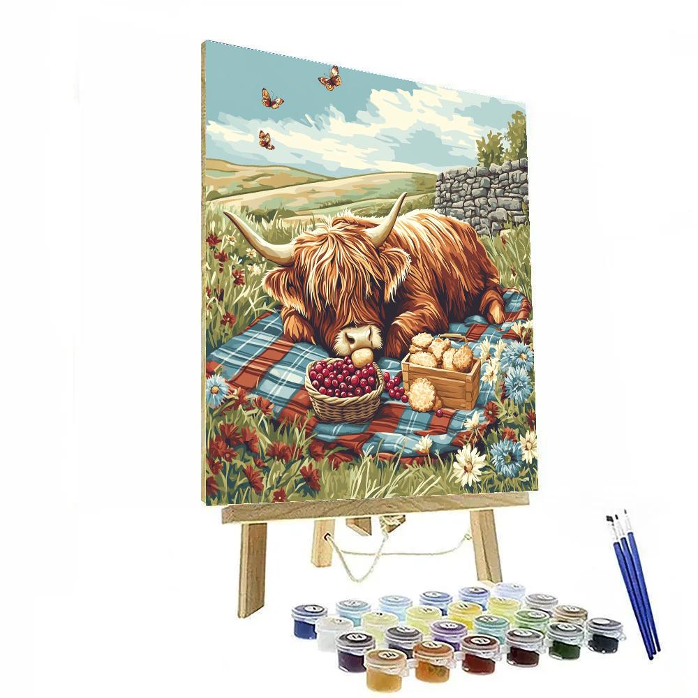 Tartan Picnic With Highland Cow And Wildflowers Paint by numbers art