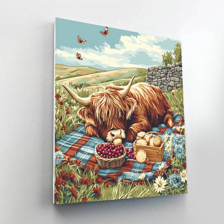 Tartan Picnic With Highland Cow And Wildflowers Paint by numbers art