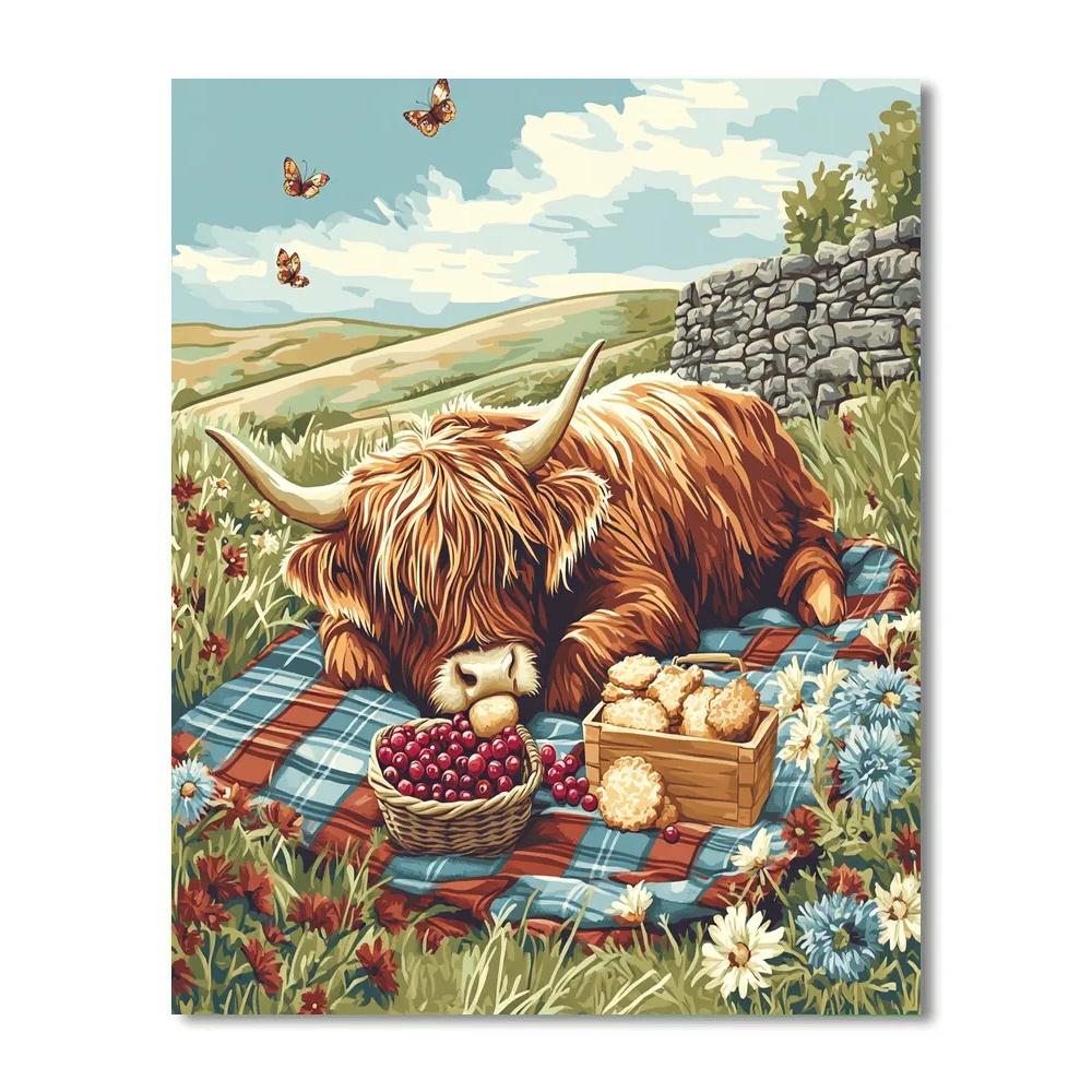 Tartan Picnic With Highland Cow And Wildflowers Paint by numbers art