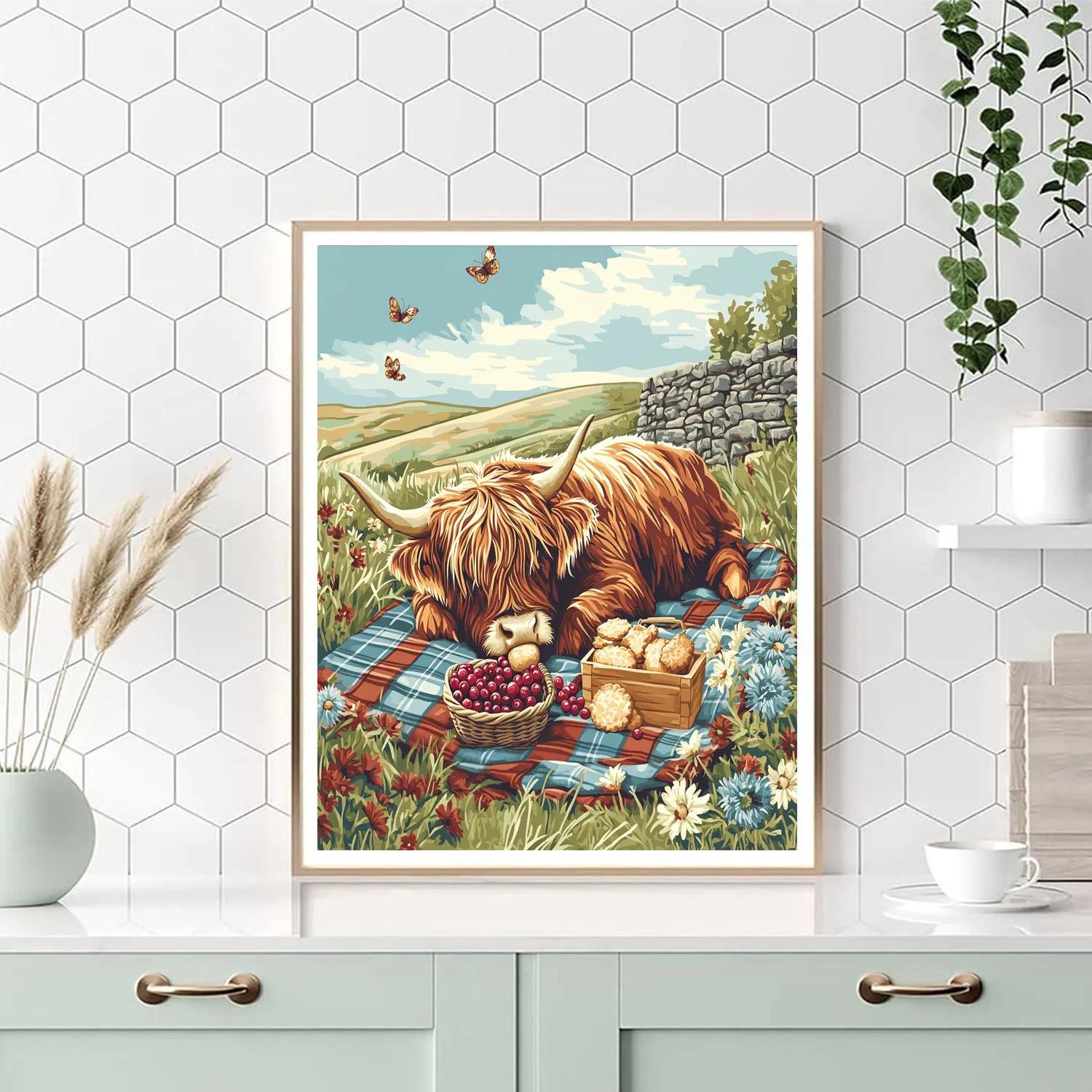 Tartan Picnic With Highland Cow And Wildflowers Paint by numbers art