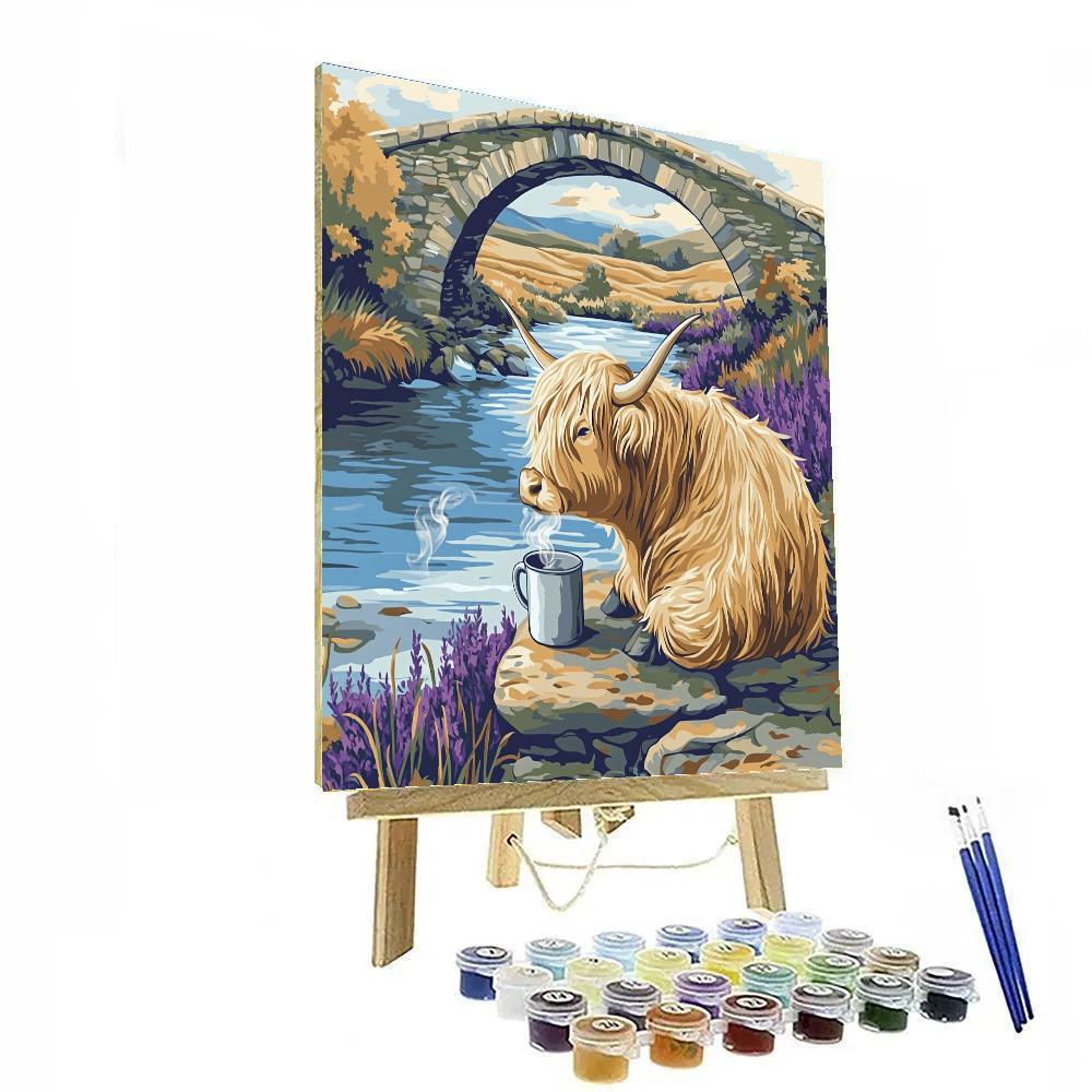Highland Cow Tea Break By The Stone Bridge paint by color