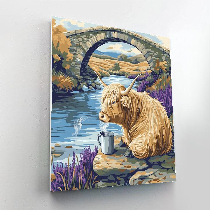 Highland Cow Tea Break By The Stone Bridge paint by color