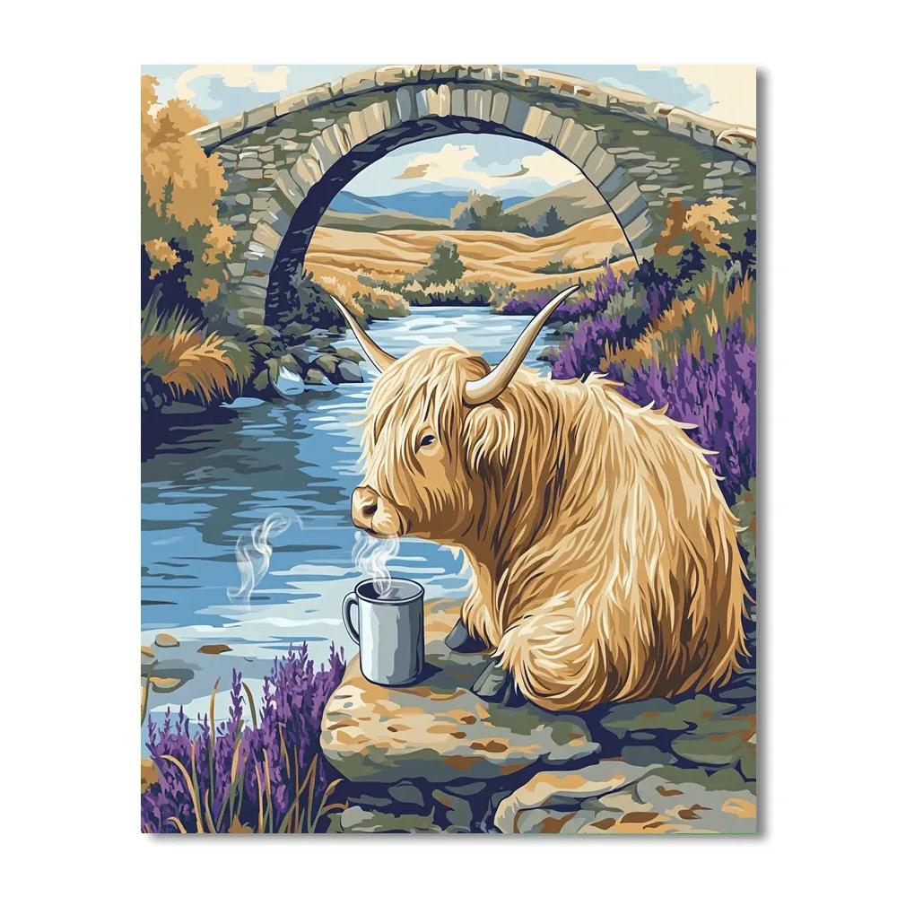 Highland Cow Tea Break By The Stone Bridge paint by color
