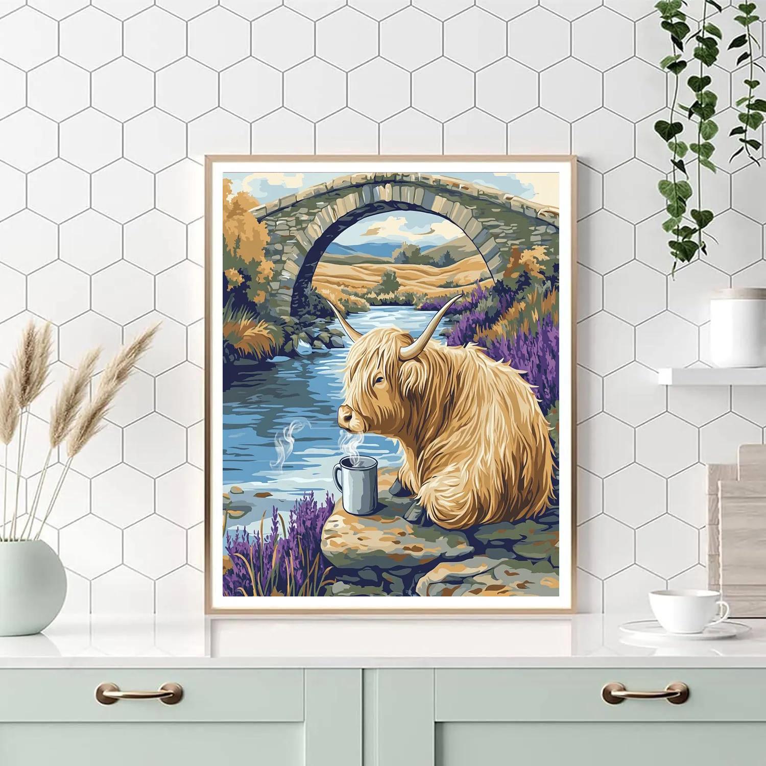 Highland Cow Tea Break By The Stone Bridge paint by color