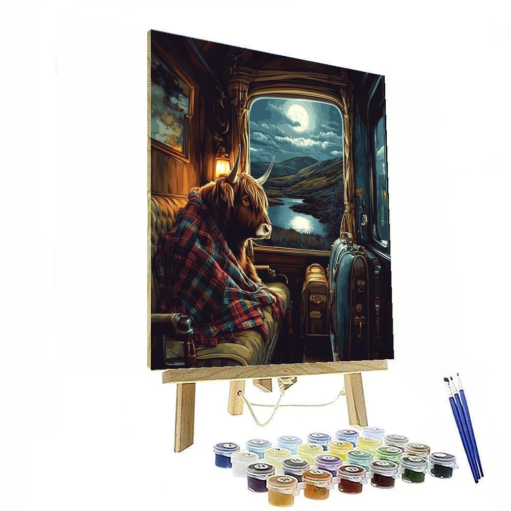 Night Train Journey With Highland Cow Companion Painting by numbers kit