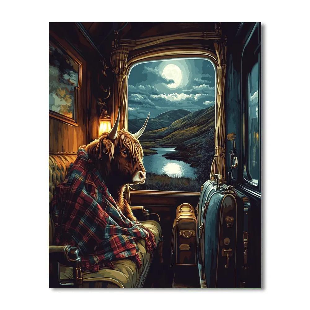 Night Train Journey With Highland Cow Companion Painting by numbers kit