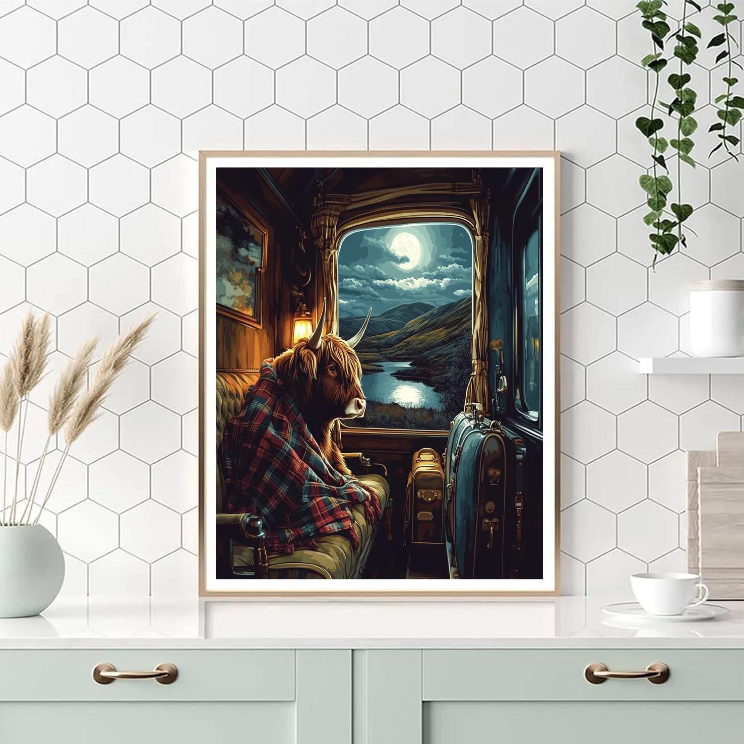 Night Train Journey With Highland Cow Companion Painting by numbers kit