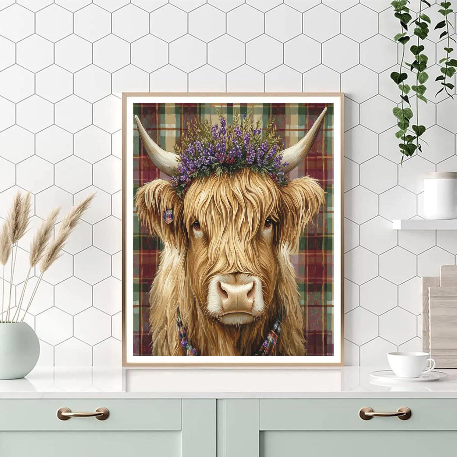 Highland Cow And Thistle Crown Portrait Paint by numbers art