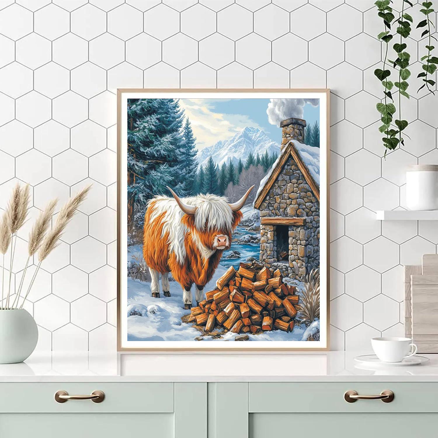Highland Cow Snow Day At The Bothy DIY paint by numbers